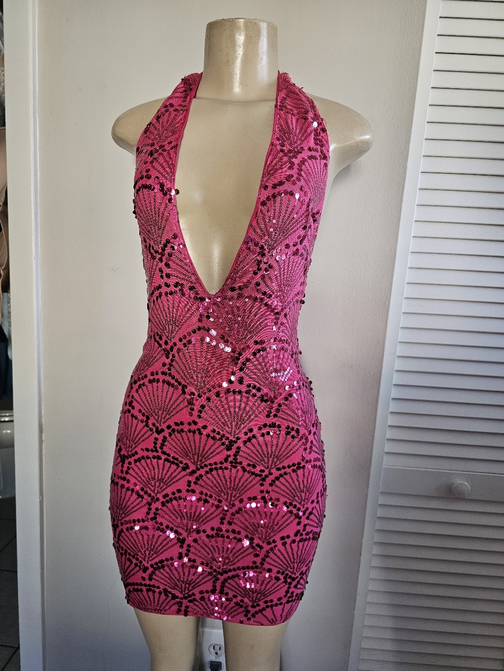 Hot Pink Sequin Halter Plunge Mini Dress